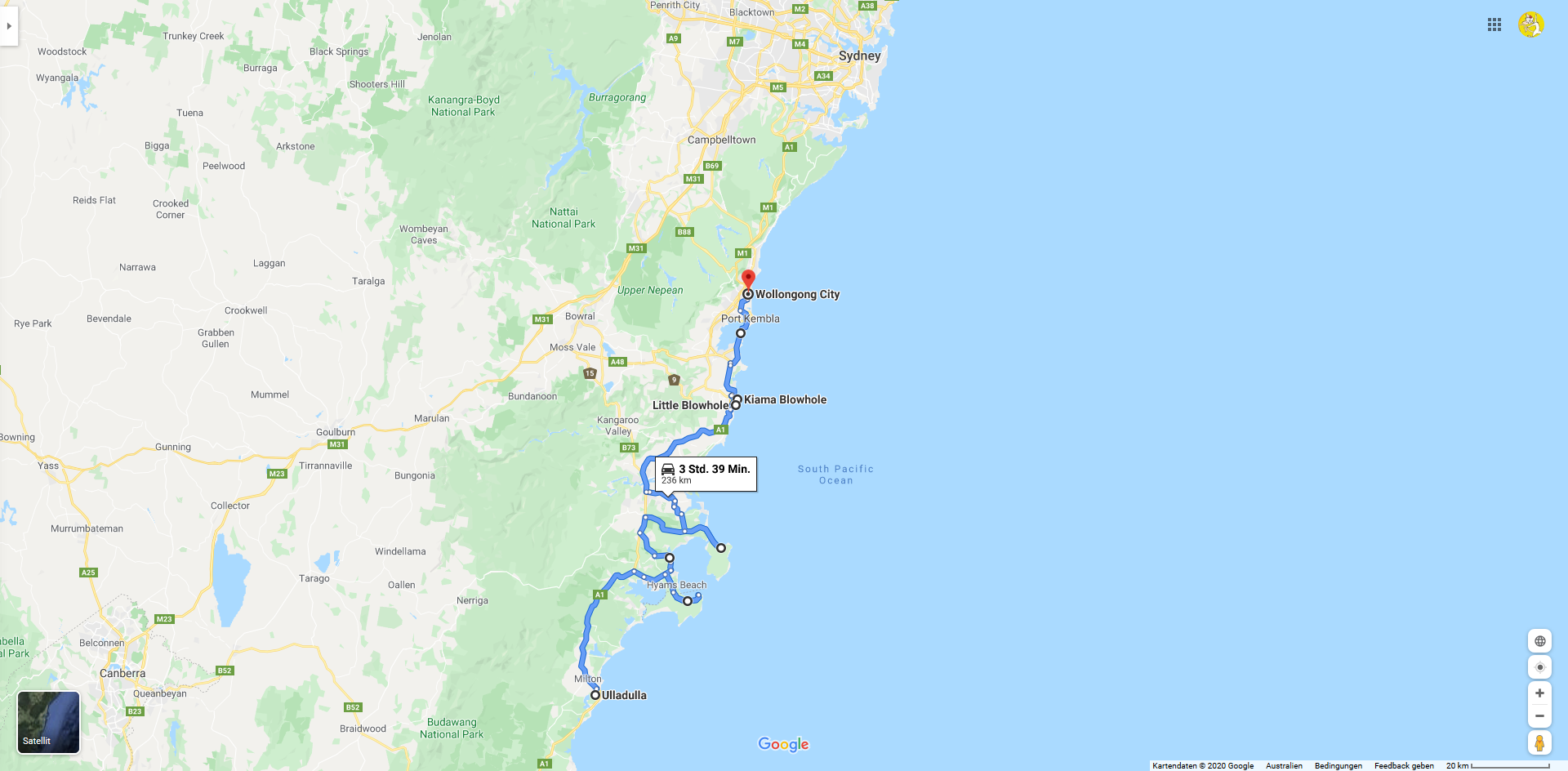 2019 12 28 08 Ulladulla bis Wollongong Route